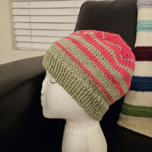 Handmade Striped Pink and Green Knit Hat